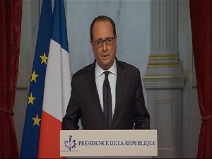 This image taken from the French television pool shows French President, Francois Hollande making an emergency broadcast Friday evening, Nov. 13, 2015. Several dozen people were killed Friday in the deadliest attacks to hit Paris since World War II, French President Francois Hollande said, announcing that he was closing the country's borders and declaring a state of emergency. (French televison pool via AP)  FRANCE OUT