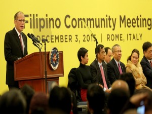 (ROME, Italy) President Benigno S. Aquino III delivers his speech during the Meeting with the Filipino Community in Rome at the Leptis Magna I & II Function Room of the Ergife Palace Hotel for his Official Visit to the Italian Republic on Thursday (December 03, 2015). (Photo by Joseph Vidal/ Malacañang Photo Bureau)