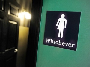 DURHAM, NC - MAY 11: A gender neutral sign is posted outside a bathrooms at Oval Park Grill on May 11, 2016 in Durham, North Carolina. Debate over transgender bathroom access spreads nationwide as the U.S. Department of Justice countersues North Carolina Governor Pat McCrory from enforcing the provisions of House Bill 2 (HB2) that dictate what bathrooms transgender individuals can use.   Sara D. Davis/Getty Images/AFP