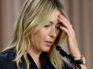 LOS ANGELES, CA - MARCH 07:  Tennis player Maria Sharapova reacts as she addresses the media regarding a failed drug test at The LA Hotel Downtown on March 7, 2016 in Los Angeles, California. Sharapova, a five-time major champion, is currently the 7th ranked player on the WTA tour. Sharapova, withdrew from this week’s BNP Paribas Open at Indian Wells due to injury.  (Photo by Kevork Djansezian/Getty Images)