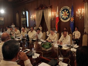 President Rodrigo Roa Duterte holds his first Cabinet meeting being held at the Aguinaldo State Dining Room of the Malacañan Palace. The agenda focuses on disaster risk reduction and management status of the country.