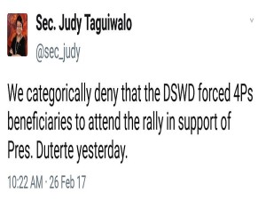 Mula sa Twitter account ni DSWD Sec. Judy Taguiwalo