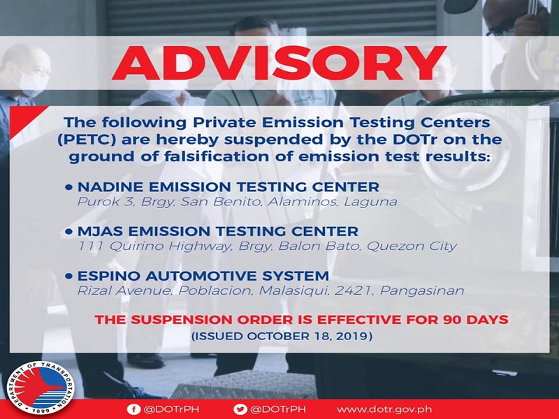 Pitong Private Emission Testing Centers sinuspinde ng DOTr dahil sa