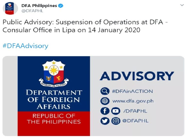 Operasyon Ng Dfa Consular Office Sa Lipa Batangas Suspendido Pa Rin Sa Martes Jan 14 Dziq 