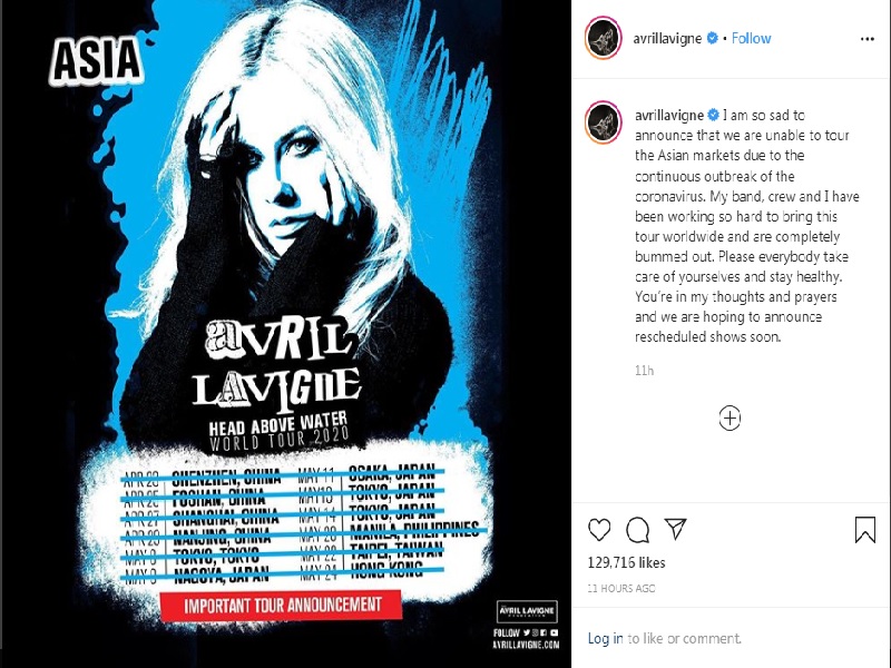 Asian concert tour ni Avril Lavigne, ipinagpaliban bunsod ng COVID19