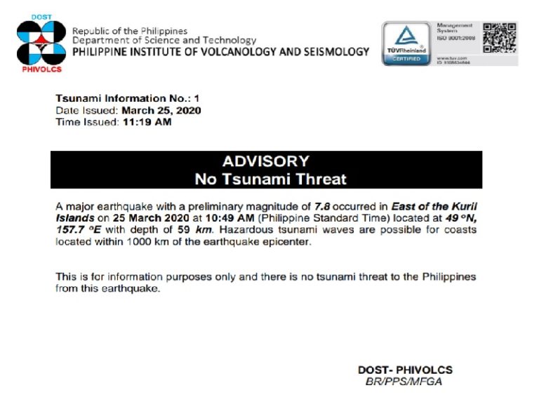 Walang Tsunami Threat Sa Pilipinas Matapos Ang M7.8 Na Lindol Sa Russia 