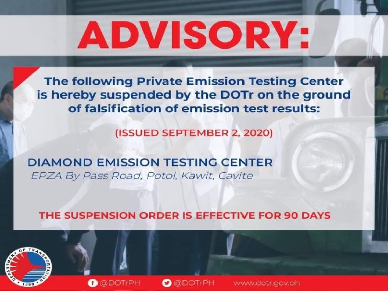 Isang private emission testing centers, sinuspinde ng DOTr DZIQ Radyo