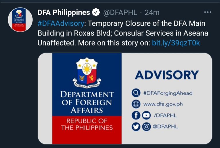 DFA main building sa Pasay, pansamantalang isasara DZIQ Radyo