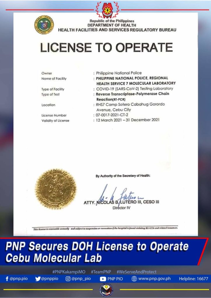 PNP RHS7 Molecular Laboratory sa Cebu, binigyan na ng license to