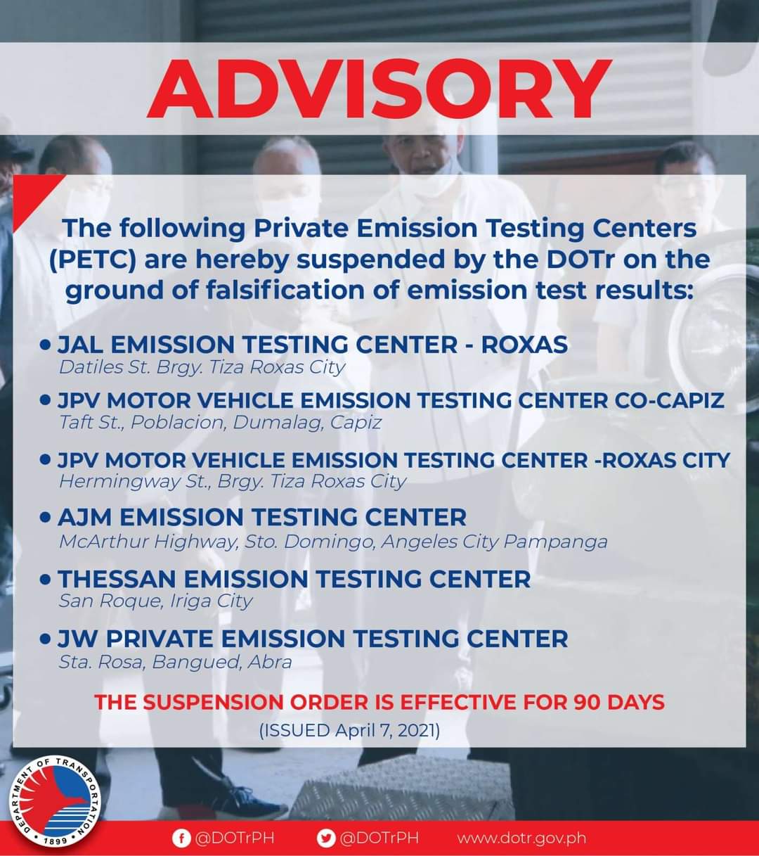 Anim na private emission testing centers, sinuspinde ng DOTr DZIQ