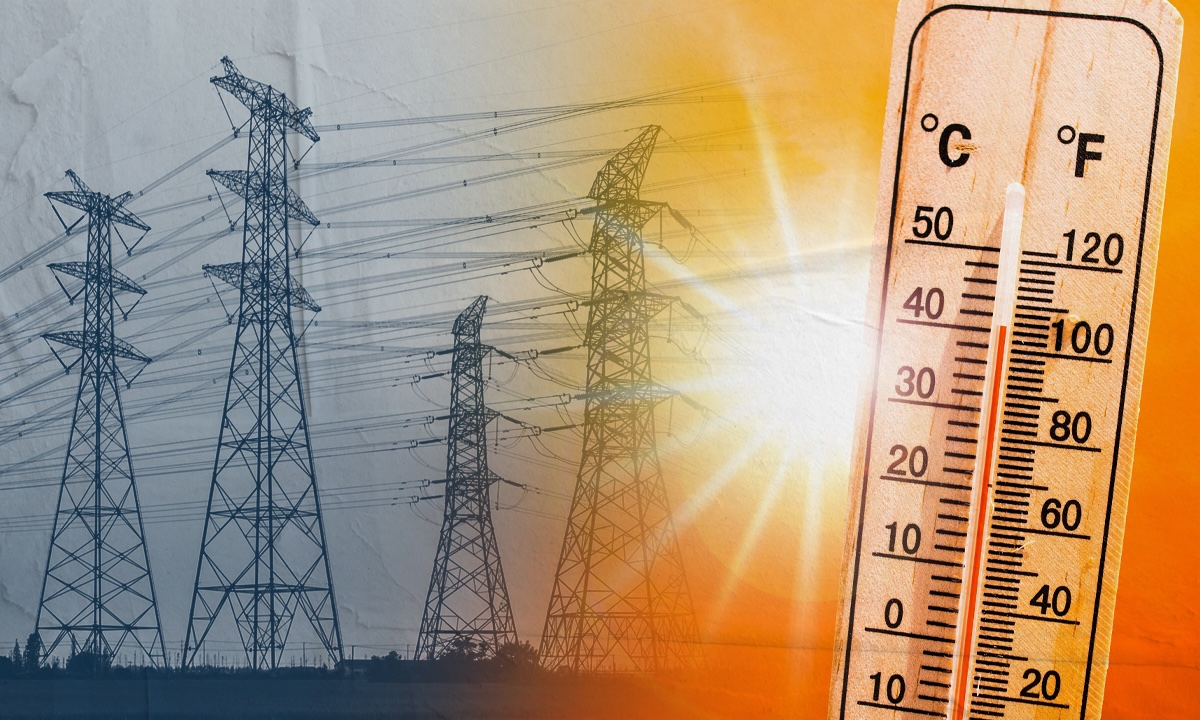 PHOTO: Composite power lines with thermometer STORY: NGCP nagdeklará ng red, yellow alerts sa Luzon grid ngayóng LunesY