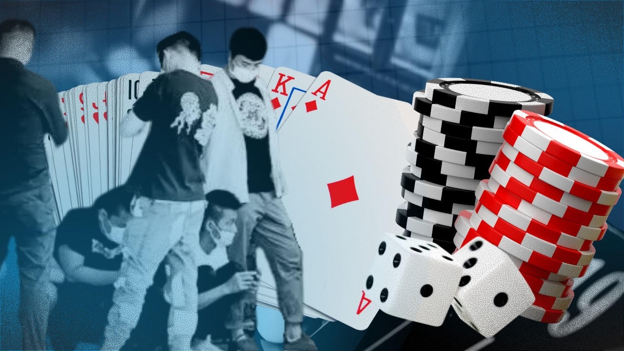 PHOTO: Collage of cards and casino chips superimposed over photo of a POGO raid. STORY: Ilegál na mga POGO may koneksyón ba sa isá pang scandal?