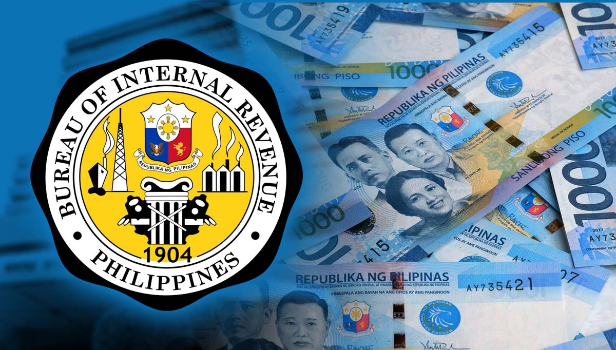 PHOTO: Composite photo of BIR logo and 1000-peso bill STORY: Online sellers sinimulán nang kolektahán ng buwís